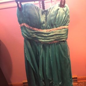 High low strapless blue prom dress